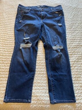 Old Navy Women's Dark Blue Straight-Leg Distressed Jeans